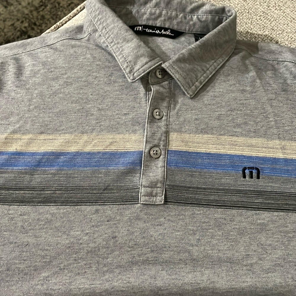 Men’s Travis Matthew golf polo, Size L, Grey with blue, white and black stripes